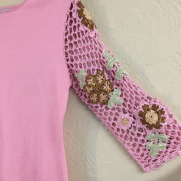 Vintage Joseph A Floral Crochet 3/4 Sleeve Blouse Small Pink Stretch - Picture 4 of 7